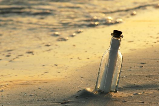 Dramatic late day sunlight highlights a message bottle that washed ashore. Can be used for many themes including help, help desk, customer service themes and more.