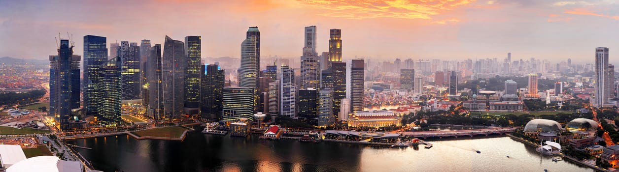 Panorama of Singapore from Marina Bay Sand Resort at beautiful sunset