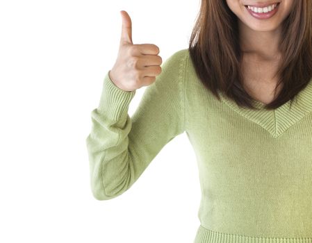 Young female giving thumbs up sign.