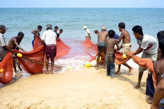 Hikkaduwa, Sri Lanka - Feb 19, 2011: Local fishermans pulling net from the ocean. Fishing in Sri Lanka is a tough job but this is the way they earn their living