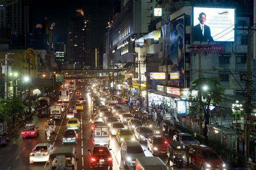 Bangkok, Thailand - March 26, 2011: Bangkok, Thailand - March 03, 2011: Traffic jam in Bangkok in he evening. Bangkok had one of the worst traffic problems in the world with unbelievable traffic jams.