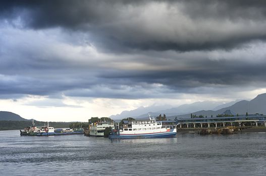 Ferry from Java to Bali staying in the harbour. Indonesia