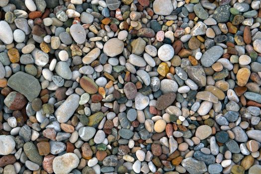 Grey and colourful pebbles on sea shore