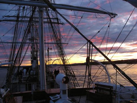 Sailship, sunset.