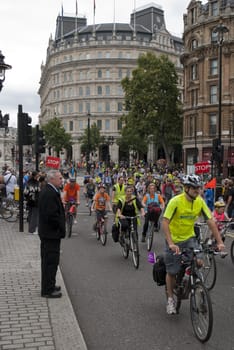LONDON - SEPTEMBER 20TH: Participants of the third edition of the London Freewheel, rebaptized Mayor of London's Skyride, cycling through the city centre September 20th, 2009 in London, England.