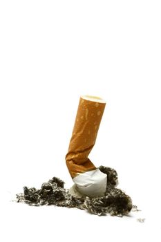 a cigarette with ash on a white background