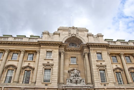 A closeup of the Guildhall in Hull Yorkshire showing the statue "Justice"