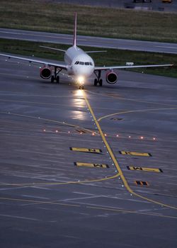 landing plane on the airport in the afternoon