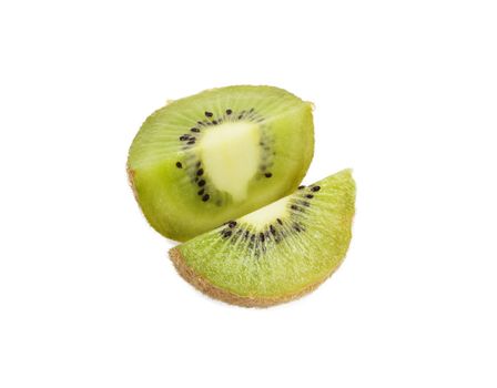 A kiwi fruit sliced open so the seeds are visible 