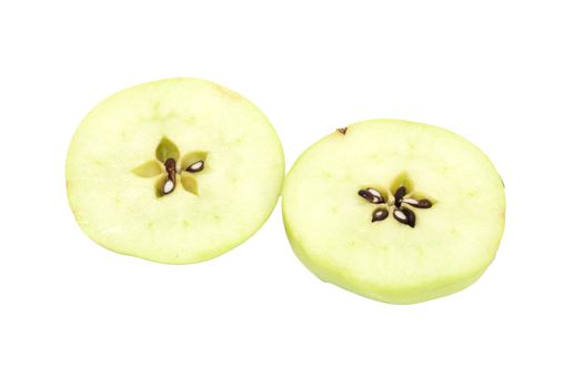 fresh green apple cut into slices. isolated on white background 