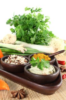 Indian green Curry with wild rice, chilli and bamboo shoots