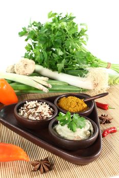 Indian green Curry with wild rice, chilli and bamboo shoots