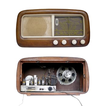 Front and rear of old AM radio tuner isolated over white