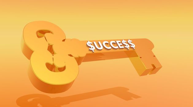 Success word written in white with dollars instead of S letters on a gold key in lightened orange background