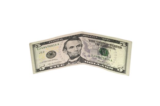 American five dollar banknote isolated over white 