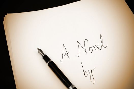Cover page of a draft novel written using a fountain pen, vintage photo