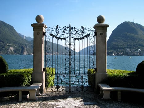 A gate leading to Lake Lugano, in Lugano, Switzerland