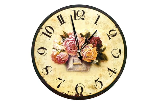 Wall clock decorated with roses. White background.