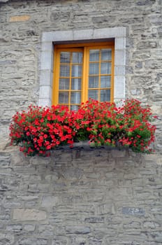 Old window with colorful flowers in Quebec City, Canada.