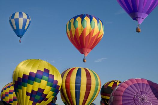 Hot-air balloon ascending over inflating ones on the ground