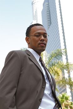 An confident and successful African-American businessman in a power suit