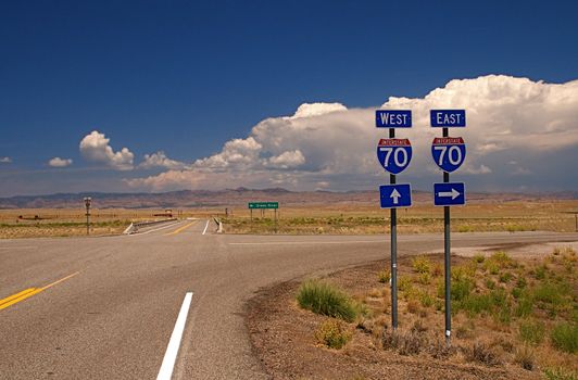 Highway directional signage on a remote stretch of interstate in Utah USA