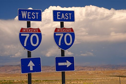 Highway directional signage on a remote stretch of interstate in Utah USA