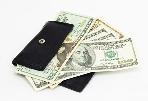 leather black wallet with ten and hundred dollars 