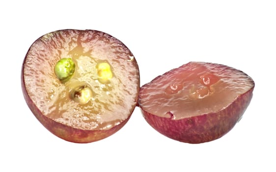 Translucent slice of red grape fruit, macro isolated on white 