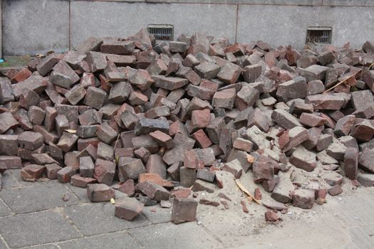 A pile of bricks for road renovation