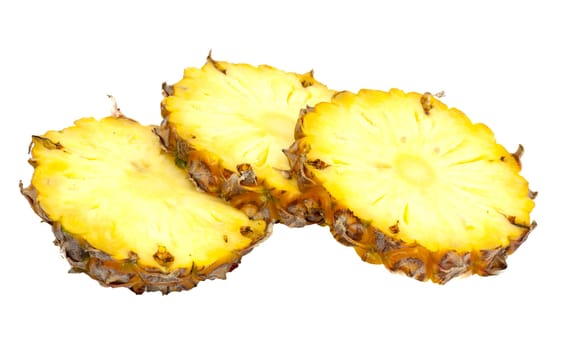 three ananas slices, isolated on white background, with light shadow 