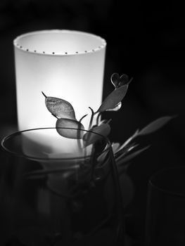 Monochrome image of candle and decor creating atmosphere at winebar