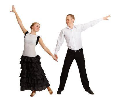 Young people perform ballroom dance isolated on white background