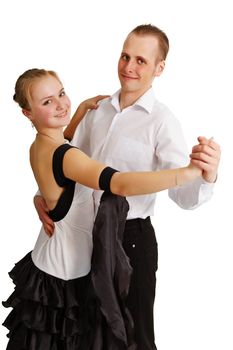 Young couple dancing isolated on white background