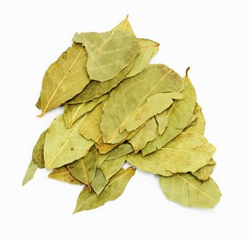 Pile of bay leaves on white background 