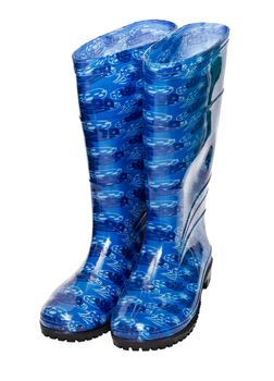 High blue rubber boots isolated on white background