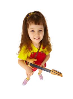 Funny little girl with a guitar isolated on white background