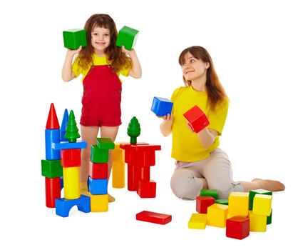 Mom and daughter playing with blocks isolated on white background