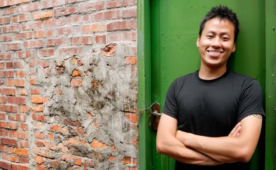 There is an Asian man stand against a old door and smile.