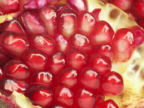 Extreme close up background of a red juicy ripe pomegranate fruit seeds 