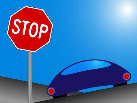 car and stop sign, funny drawing; abstract vector art illustration