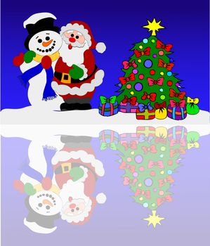 santa claus and snowman at a winter sea