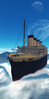 The Titanic ship cruises along under full steam below a midnight sky.