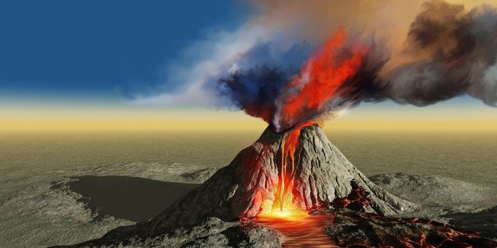 An active volcano belches smoke and molten red lava in an eruption.