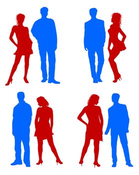 Young adults couple silhouettes red blue