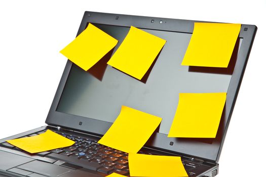 Laptop notebook isolated on white with postits on it