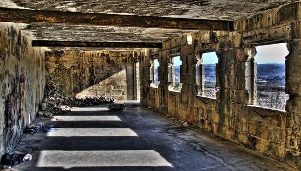 Derelict wartime British barracks lying in ruins