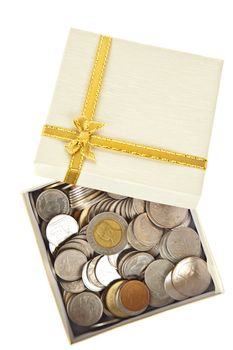 Open gift box, contains many coins isolated on white background