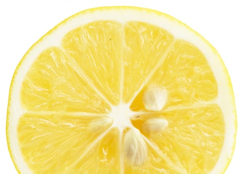 Single cross section of lemon. Isolated on white background. Close-up. Studio photography. 