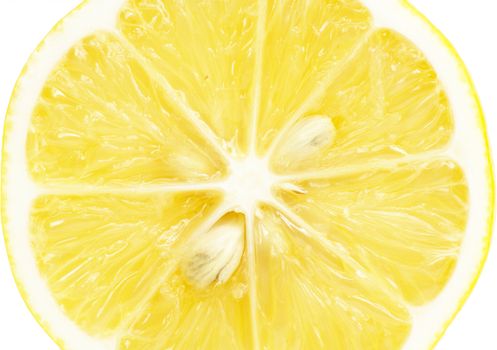 Single cross section of lemon. Isolated on white background. Close-up. Studio photography. 